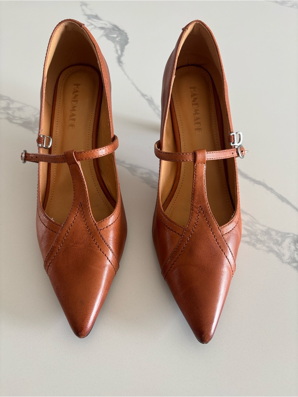 Handmade T-Strap Pointed Toe Heels in Brown